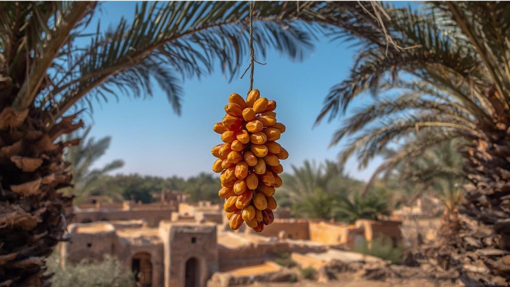 Fresh dates on palm branch with Saharan oasis and palm groves in background showing desert food source