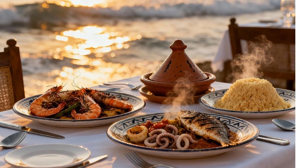 Traditional Moroccan seafood dinner by the ocean featuring grilled fish, shrimp, seafood tagine, and couscous at sunset