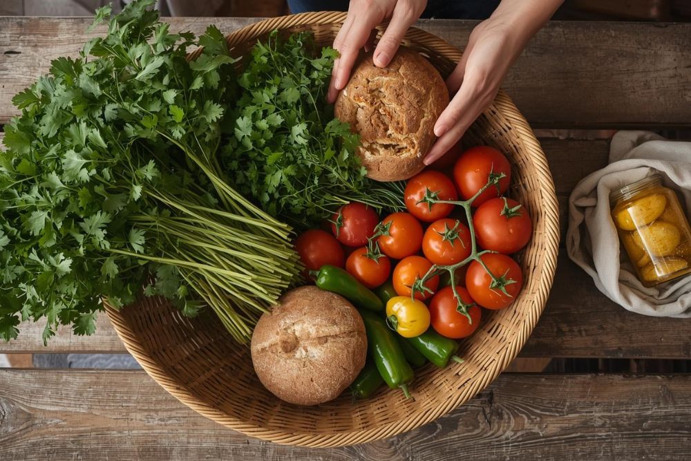 Traditional woven palm basket filled with fresh herbs, vegetables, bread and preserved lemons from Souk El Had market demonstrating zero-waste shopping