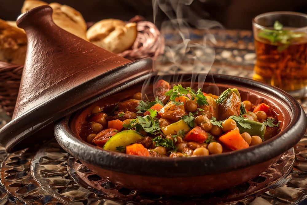 Authentic Moroccan vegetable tagine served in traditional conical clay pot with steam rising, filled with colorful seasonal vegetables including zucchini, carrots, chickpeas and tomatoes garnished with fresh cilantro, presented on decorative tile table with fresh Moroccan bread and mint tea, demonstrating how traditional Moroccan cuisine naturally accommodates plant-based eating without modification, making Essaouira an ideal destination for vegan travelers