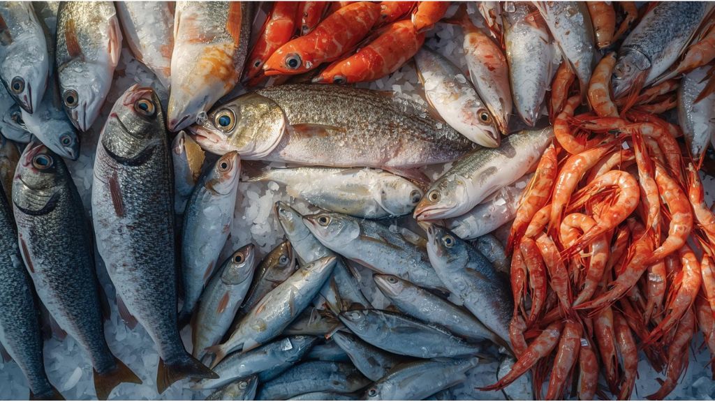 Variety of fresh Atlantic fish including sea bass, sardines and prawns displayed on ice at Dakhla market