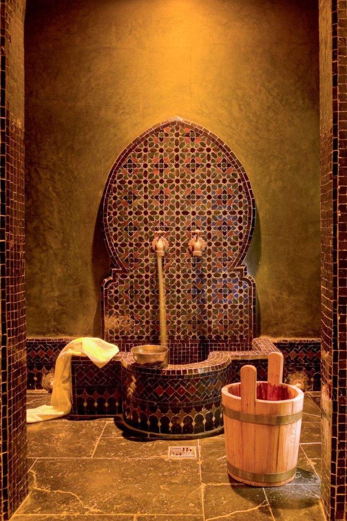 Traditional Moroccan hammam interior;tiled walls 