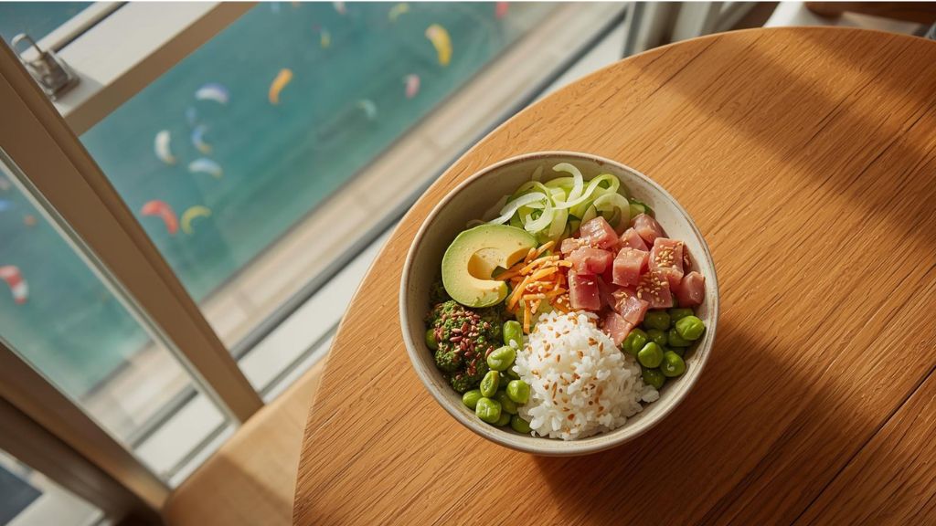 Fresh fish poke bowl with avocado and vegetables at Dakhla beachfront wellness cafe with lagoon view